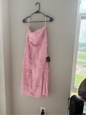 Lulu's Pink Strapless Lace Midi Dress with Side Slit